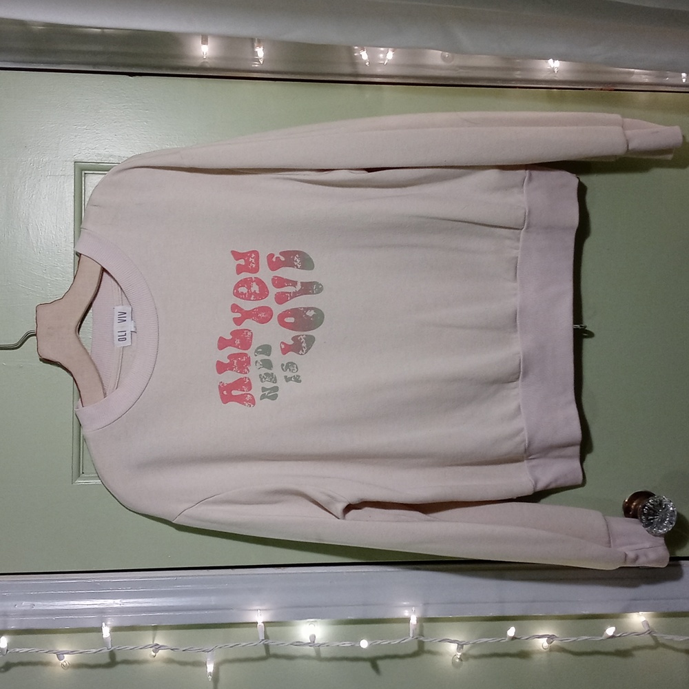 Women's Oli & Viv All You Need Is Love tan pink sage L crewneck